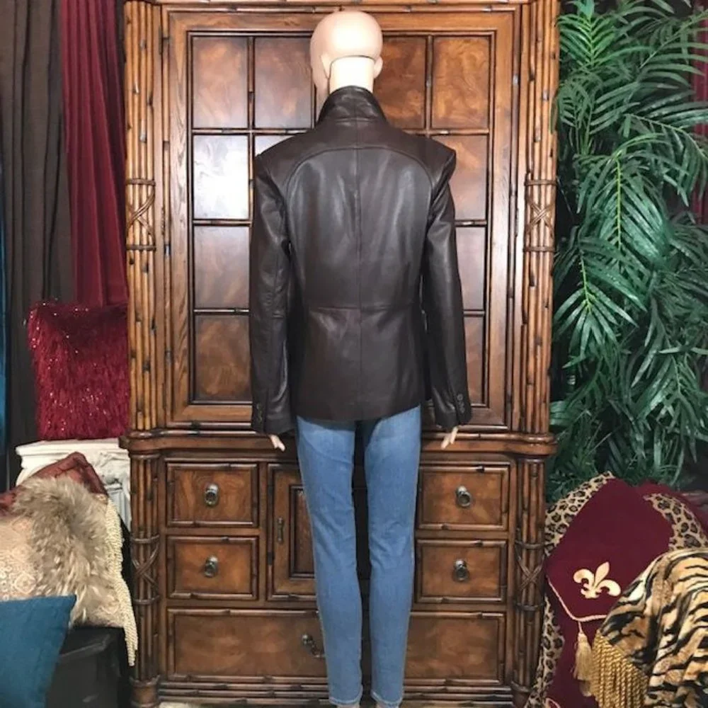Anne Klein Genuine Lambskin Leather Couture Cocoa Wide Lapel Blazer - Picture 5 of 13
